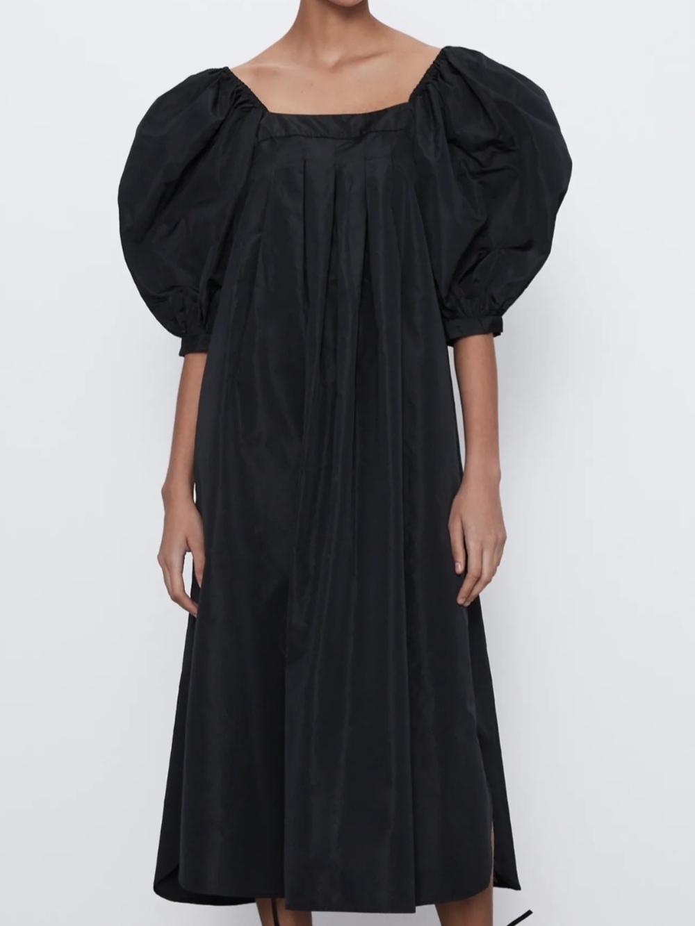 Zara Taffeta Black Puff-Sleeve Midi Dress - Women
